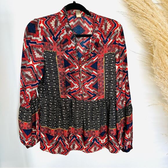 ANTHROPOLOGIE JOSEPH KONRAD Zydeco Red Black Peasant Silky Blouse Tunic Top M - Picture 8 of 10